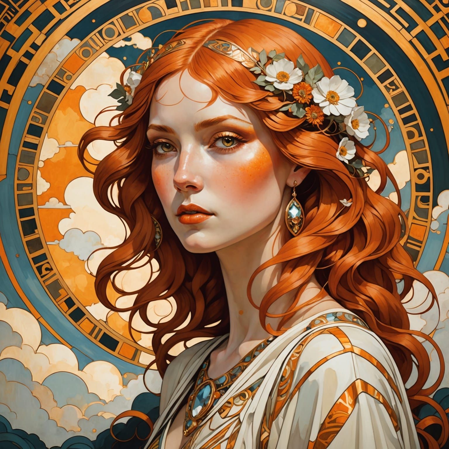 Elegant Woman with Orange Hair in Art Deco/Nouveau Style