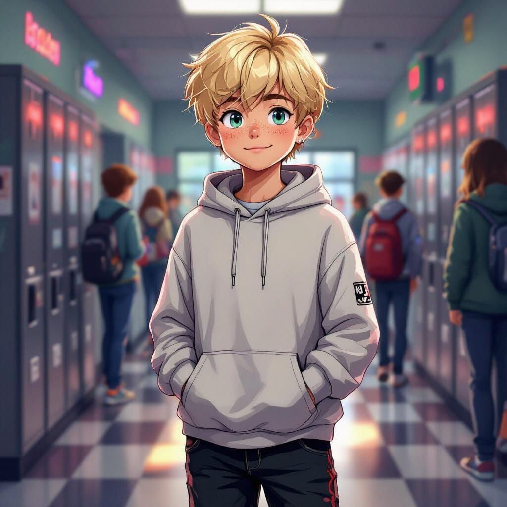 Teenager in School Hallway with Blonde Bowl Cut