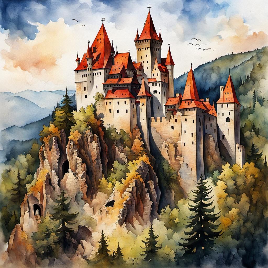 Ruined Castle Dracula in Dark Horror Landscape