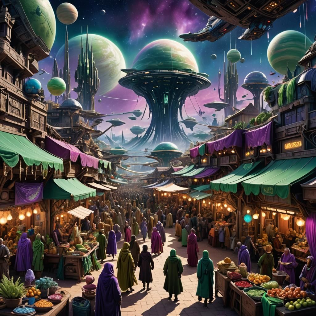 Bustling Intergalactic Marketplace with Alien Technology