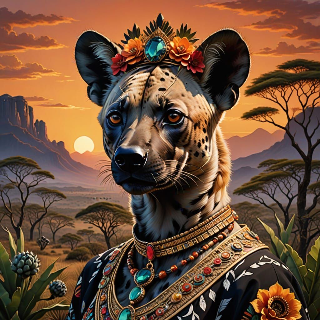 Powerful Female Hyena in Regal Headdress, Art Deco Style