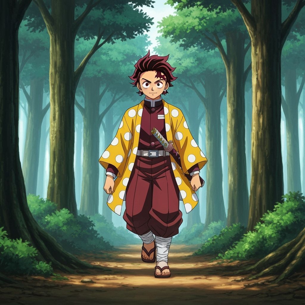 Tanjiro Kamado in Yellow Haori Walking Through Forest
