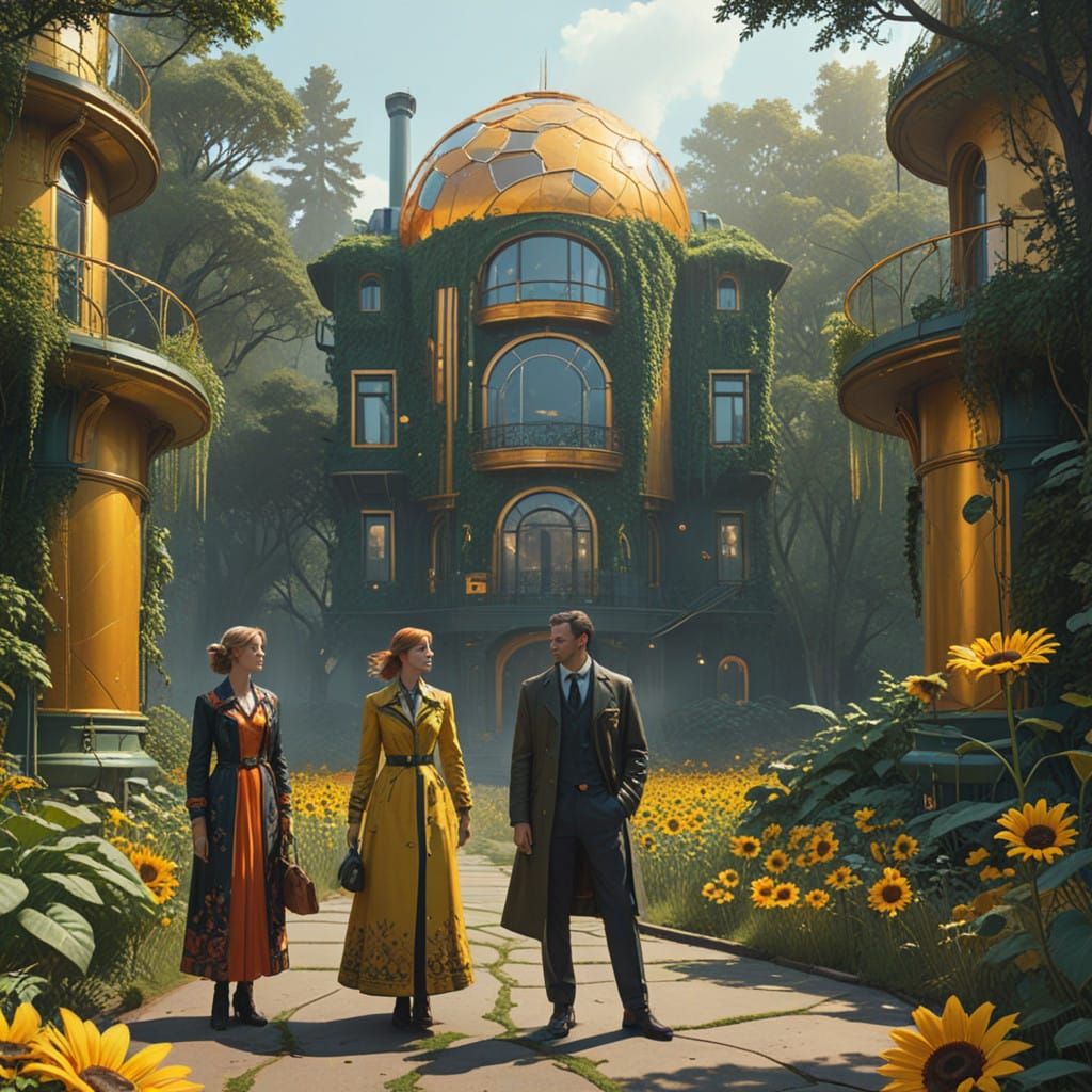 Solar Punk Family in Vibrant Garden Setting with Art Nouveau...