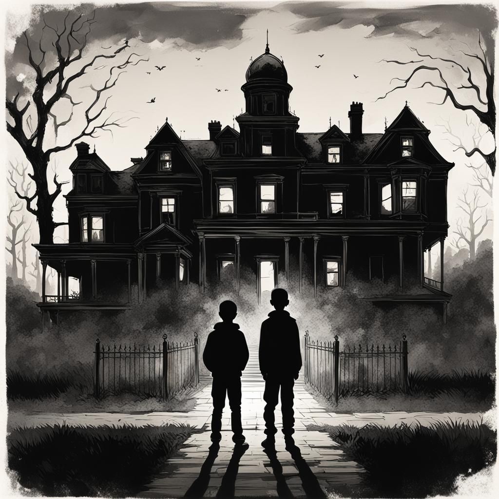 Sinister Silhouette: Teenage Boy and Dark Mansion
