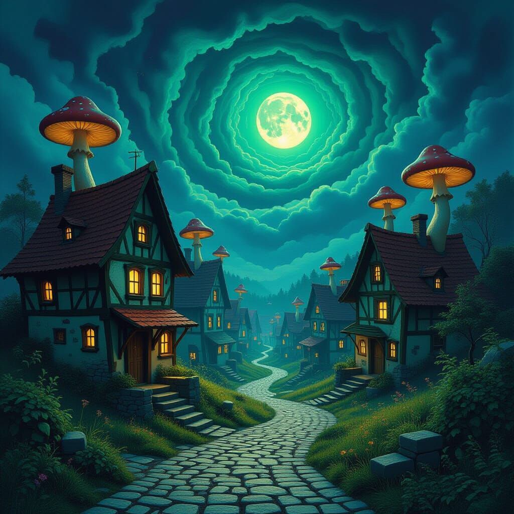 Surreal Village with Bending Gravity and Glowing Mushrooms