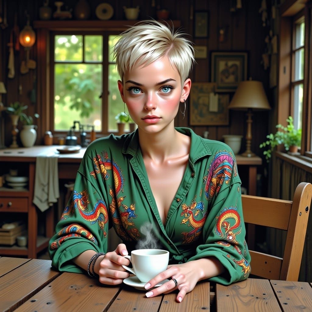 Blonde Woman with Pixie Cut in Whimsical Folk Art Style