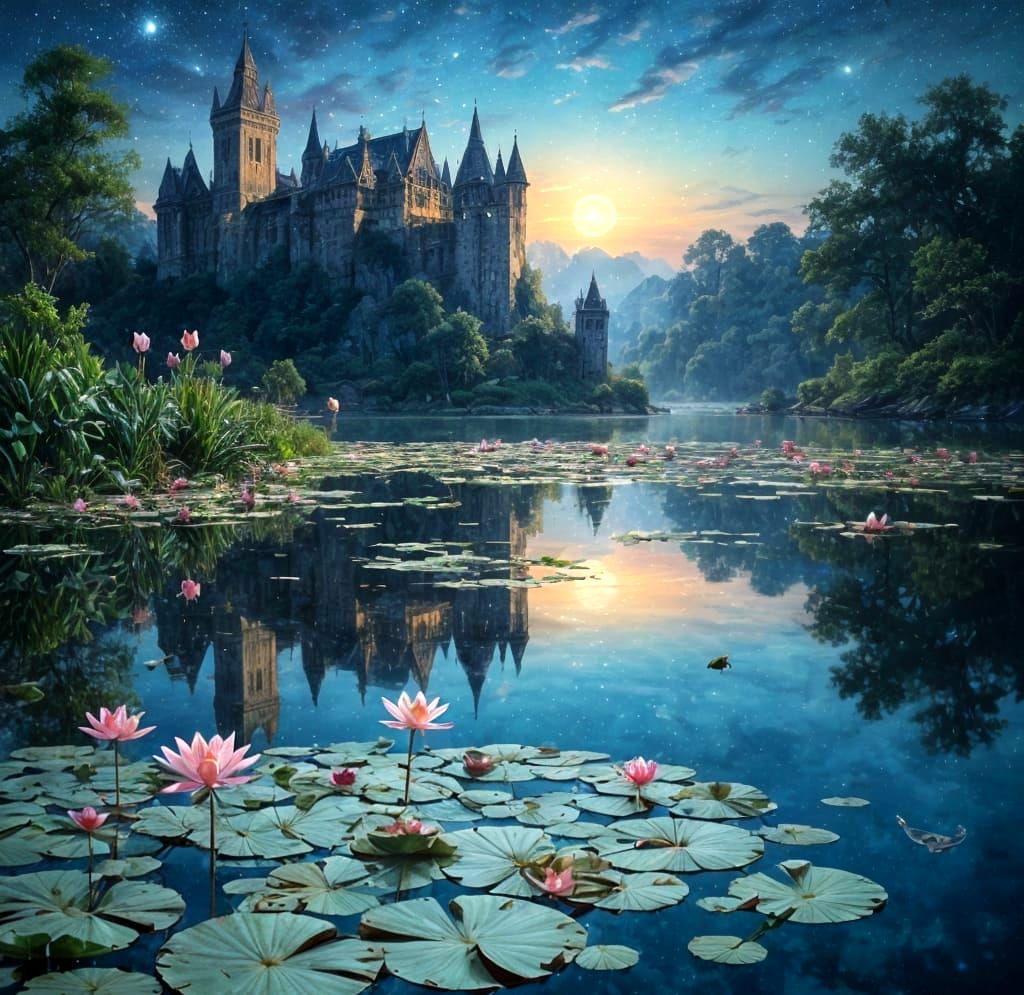 Serene Lake with Lotus Flowers in Impressionist Style