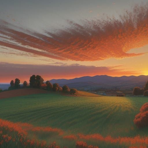 Surreal Sunset Landscape with Vibrant Orange-Red Colors and...