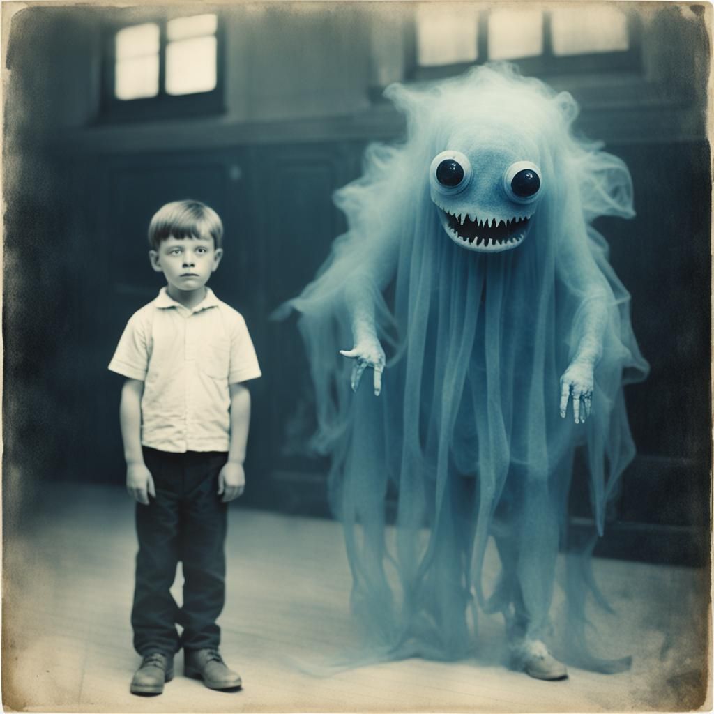 Boy and Friendly Monster: Vintage Cyanotype Photograph