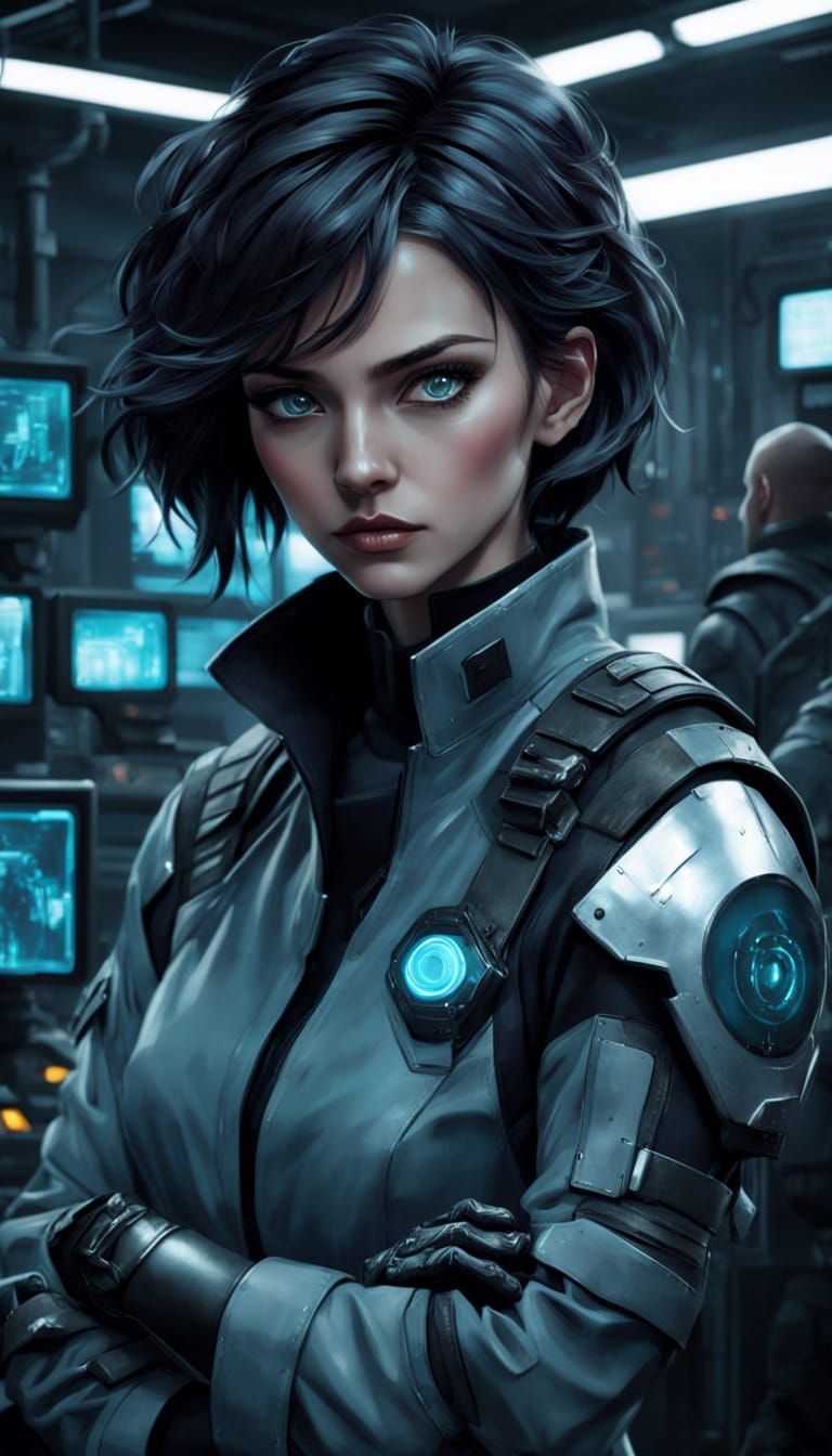 Mysterious Anime Warrior in Industrial Command Center