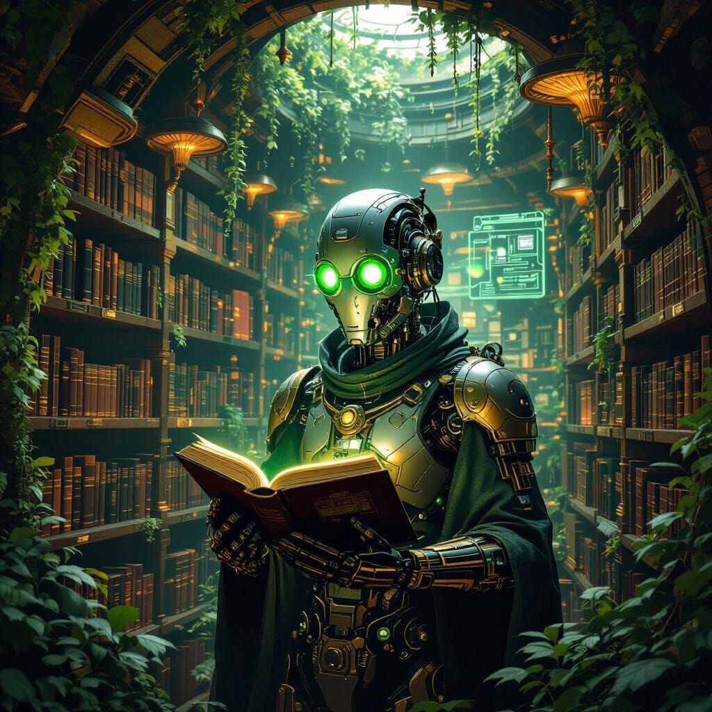 Cyborg Librarian in Steampunk Solarpunk Library