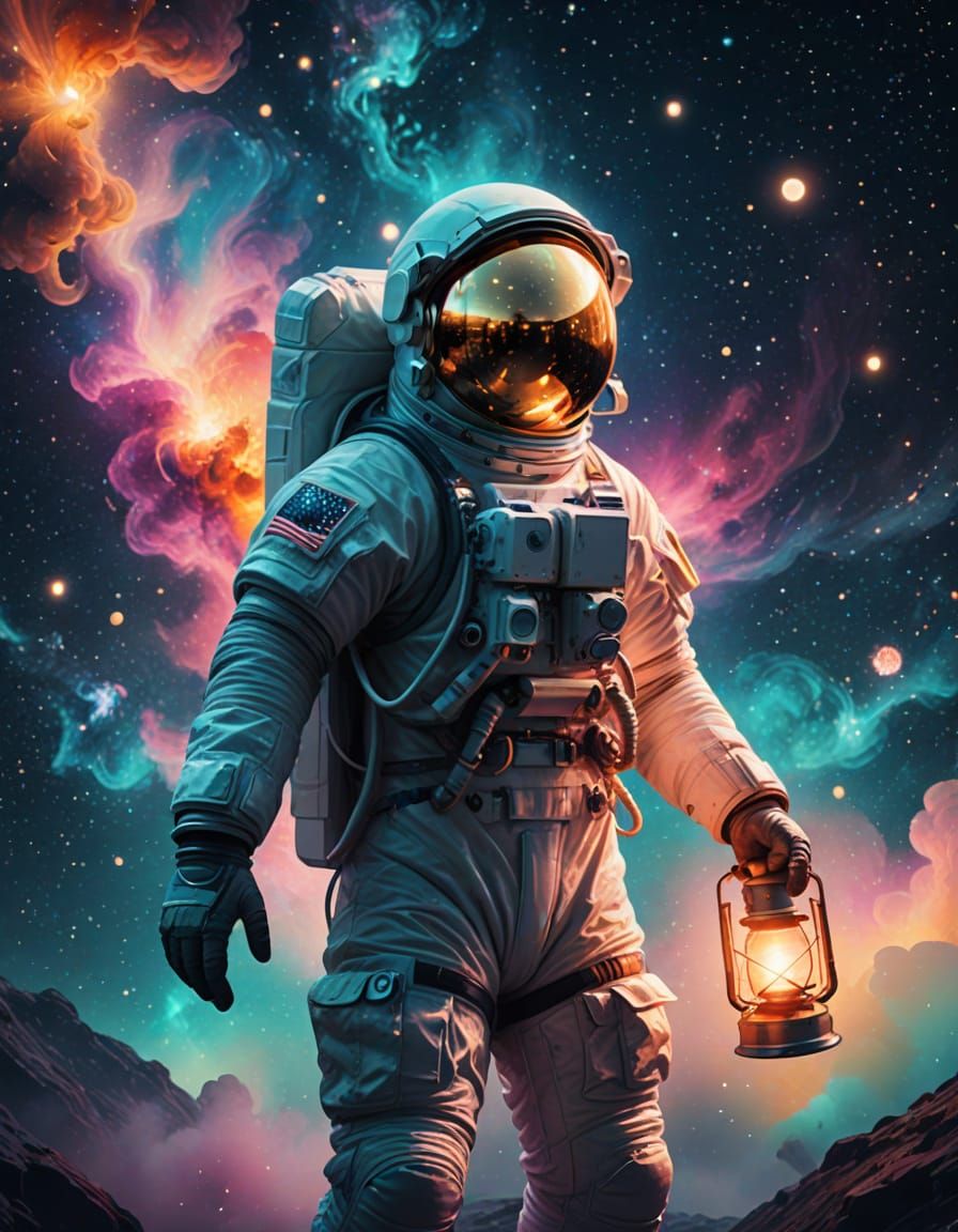 Astronaut with Lantern in Cosmic Nebula