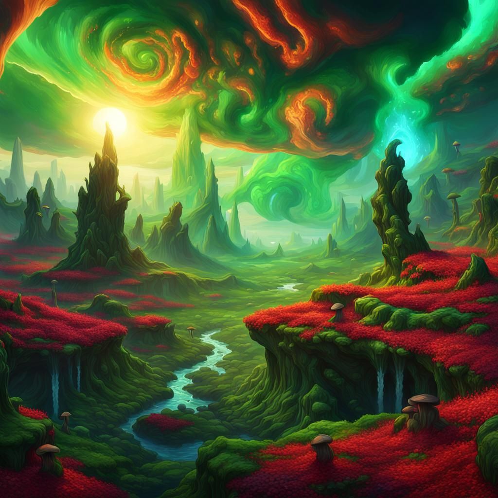 Fantasy Landscape with Swirling Clouds and Vibrant Colors