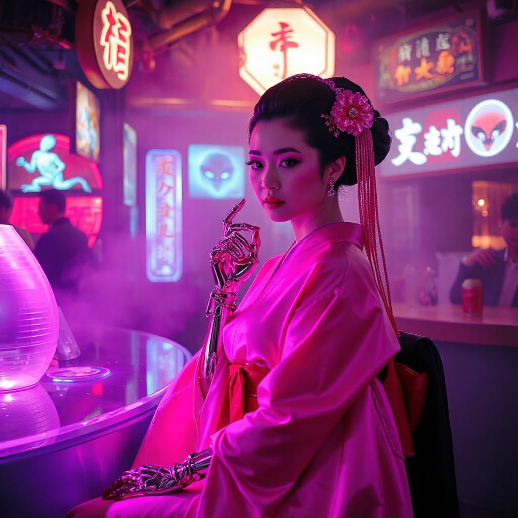 Cyberpunk Geisha in Futuristic Tokyo Bar