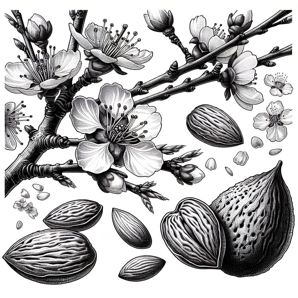 Almond Tree Pen and Ink Botanical Illustration