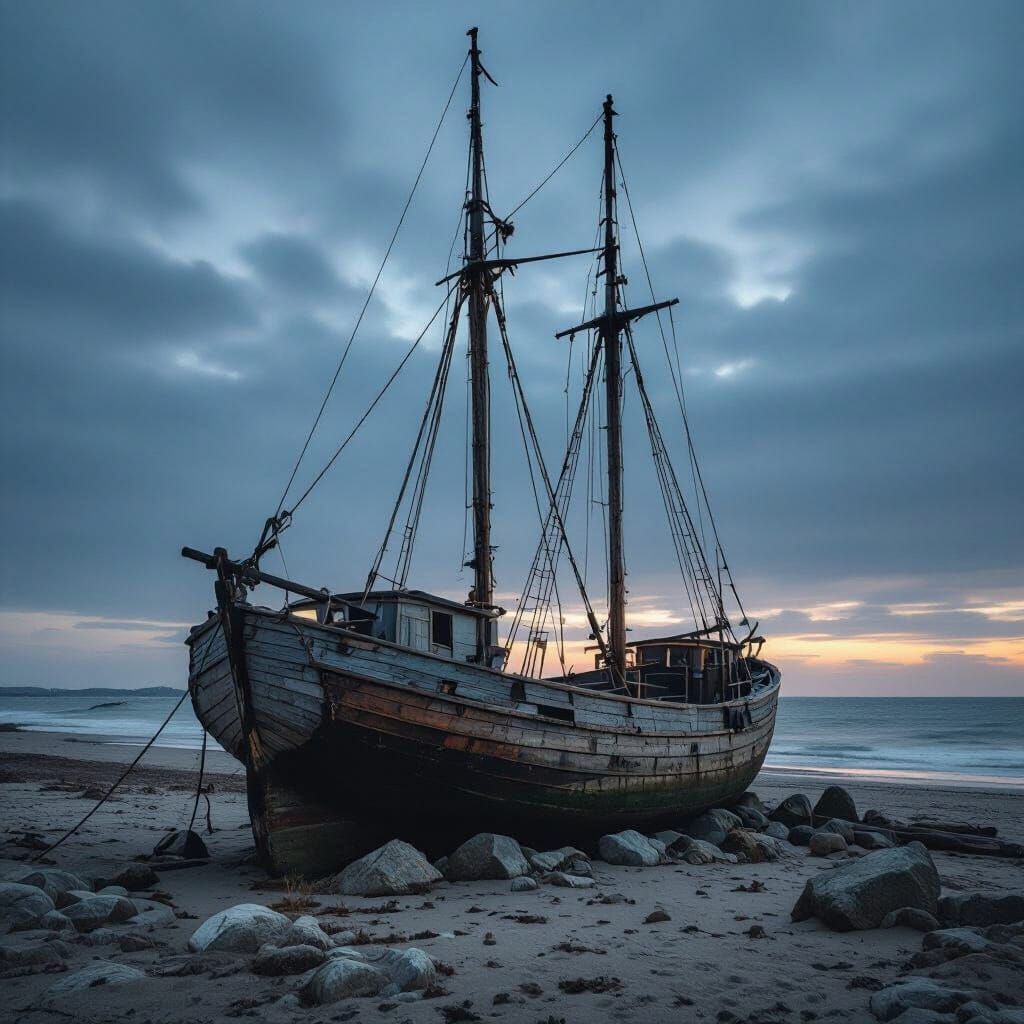 Abandoned Ship on Barren Beach at Dusk