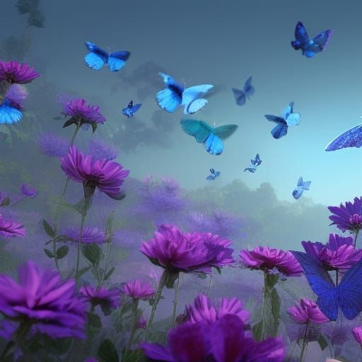 Blue Butterflies and Flowers in Detailed Matte Painting