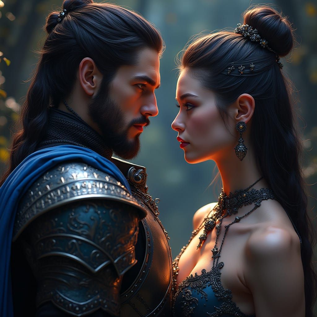 Regal Knight Stares Down Elegant Elf in Dark Fantasy Showdow...