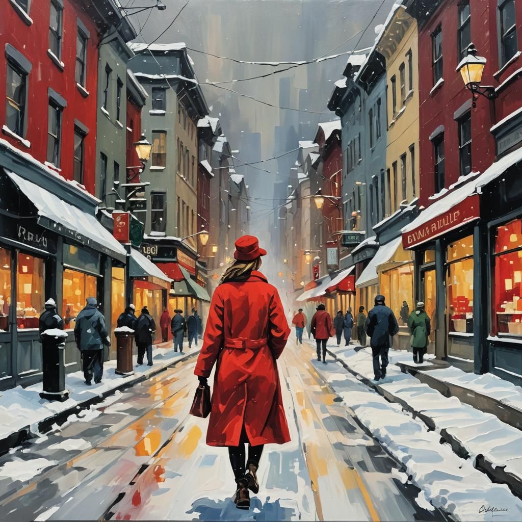 Abstract Winter City Scene with Woman in Red