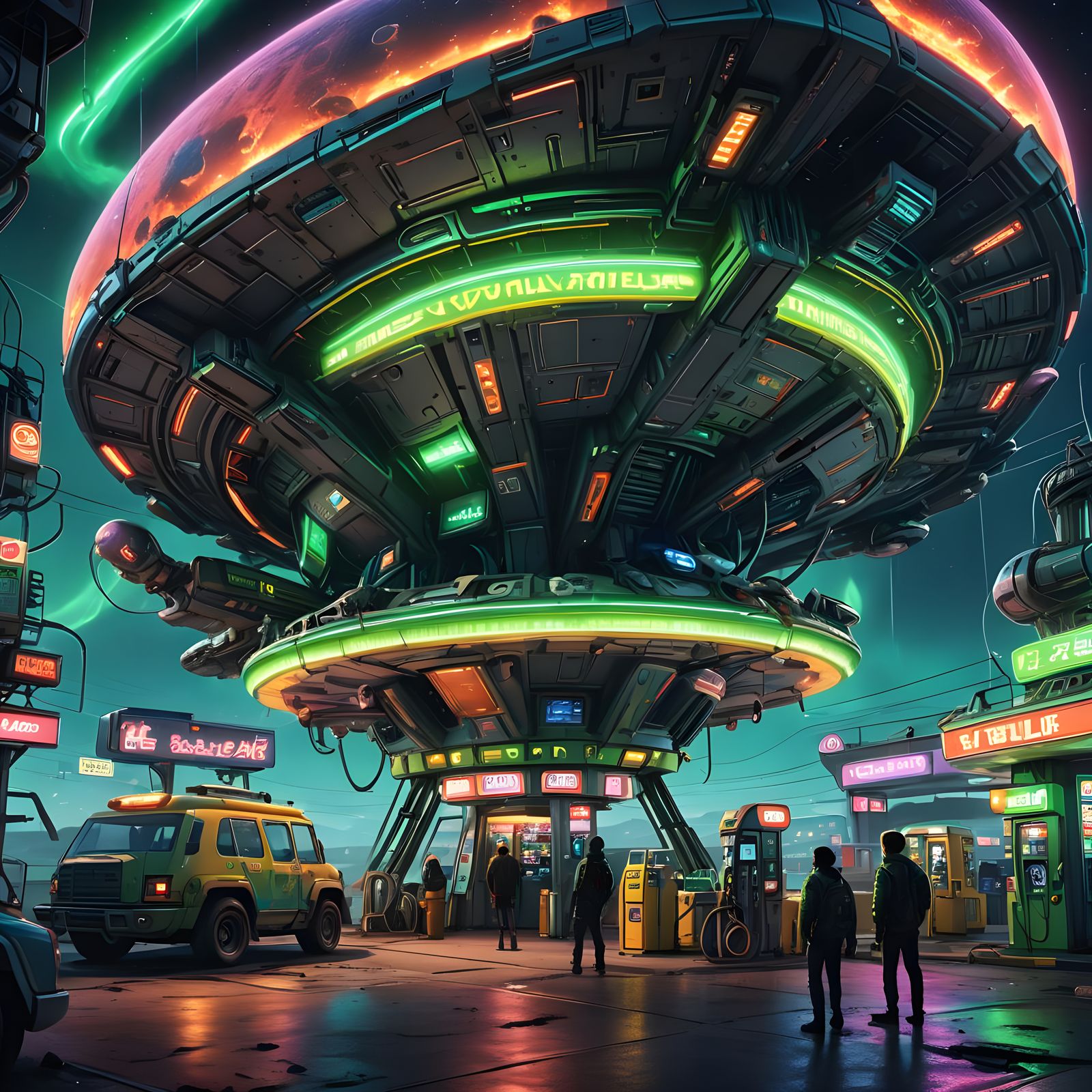 Futuristic Alien Gas Station on Asteroid in Cyberpunk Style