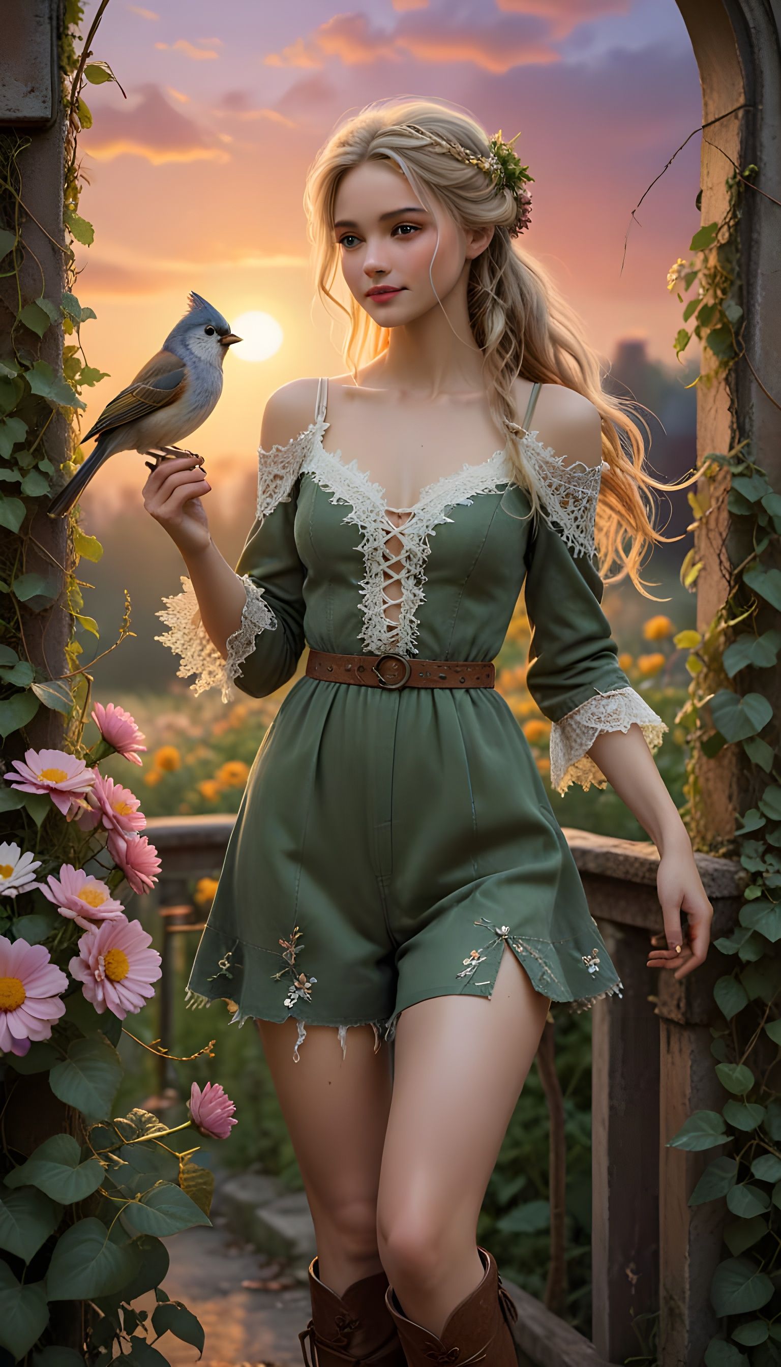 Ethereal Blonde in Whimsical Victorian-Inspired Attire, Surr...