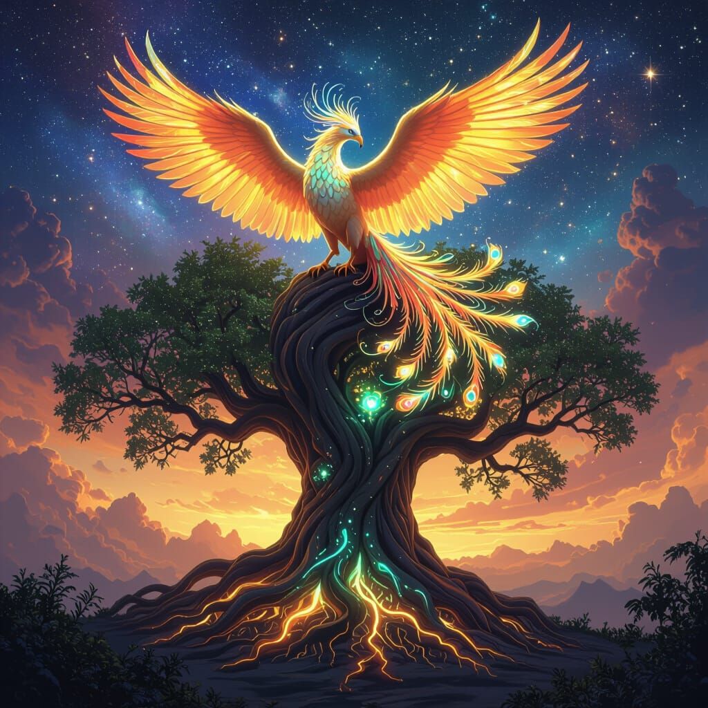 Phoenix on Bioluminescent Tree, Cosmic Fantasy Art