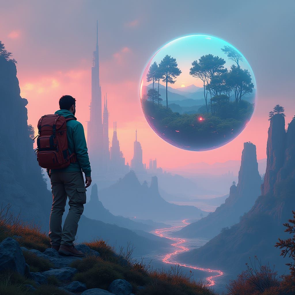 Futuristic Hiker Gazes at Floating Natural World