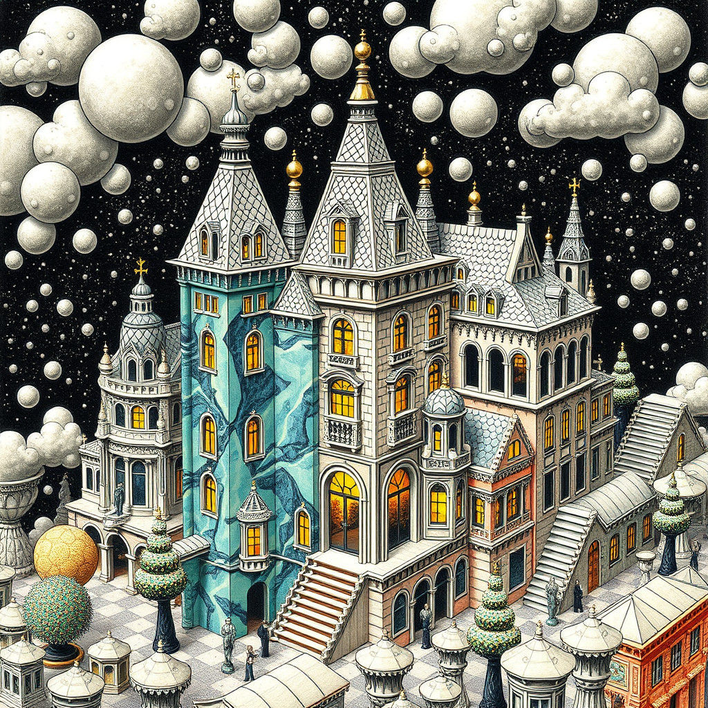 Beryl Buildings in Escher Style, Zentangle Inspired