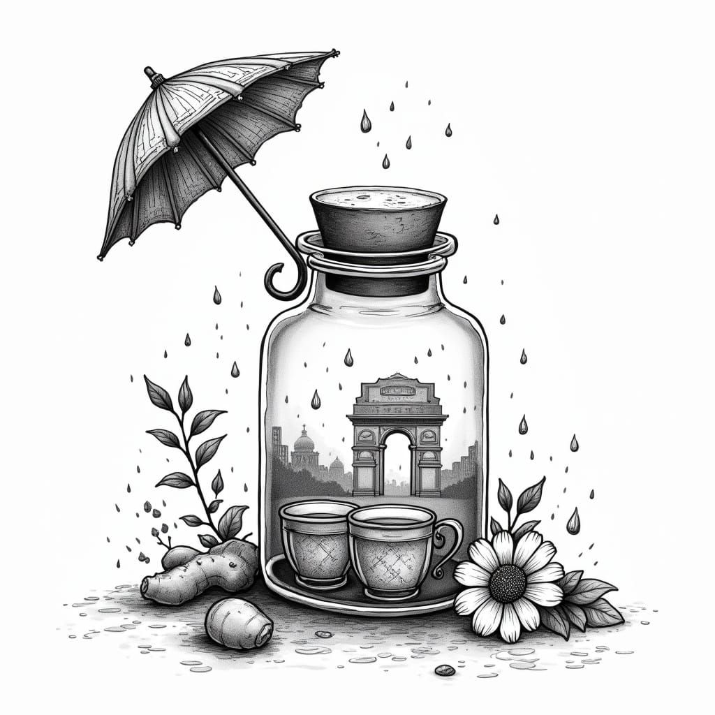 Whimsical Black and White Drawing of Delhi's India Gate with...