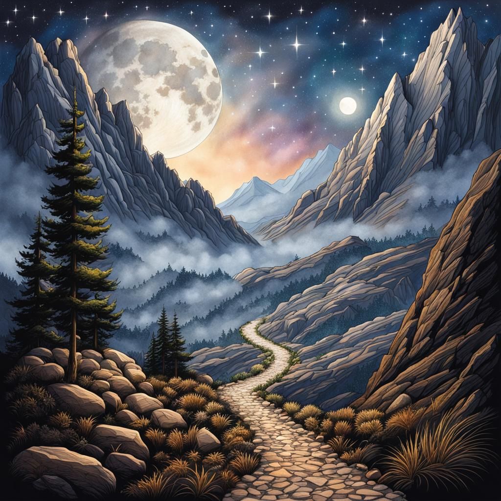 Moonlit Mountain Path: Ink and Pencil Drawing