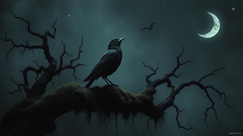 Gothic Blackbird Singing at Night in Surreal Style