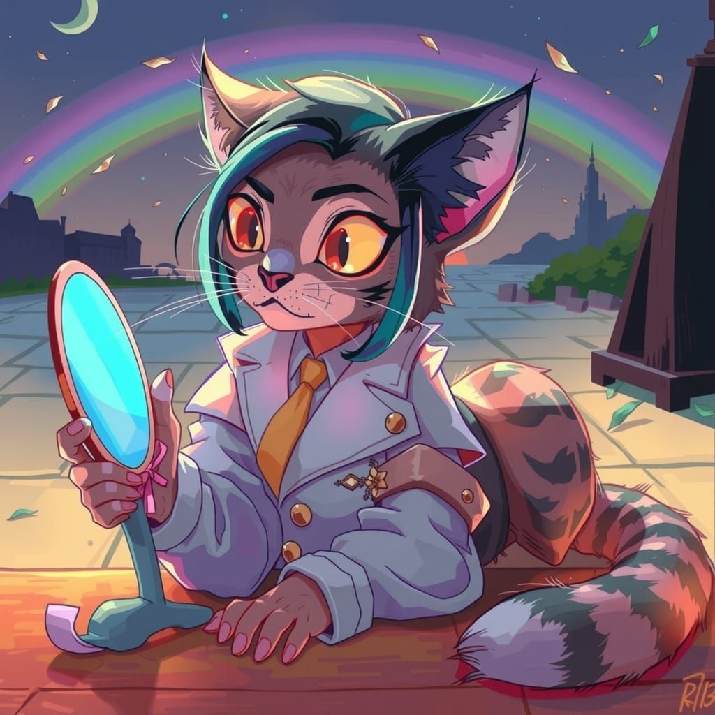 Cat-Woman Converses With Reflection in Fantastical Library