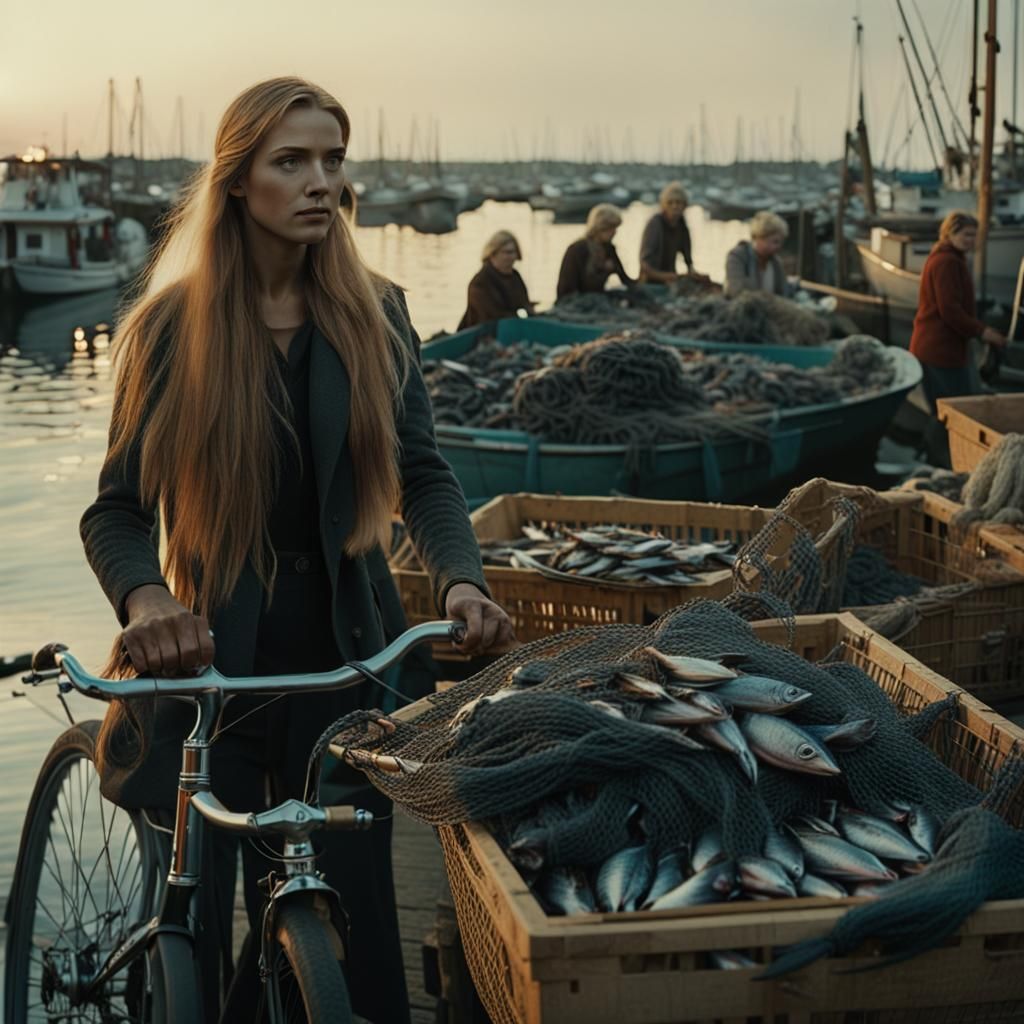 Girl Leads Bicycle Through Harbor at Dawn