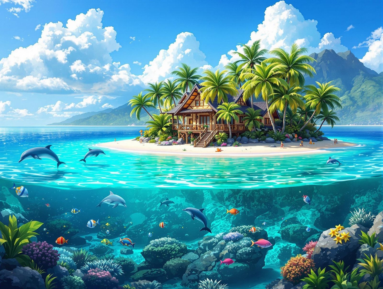 Ethereal Hawaiian Paradise with Palm Trees, Turquoise Ocean,...