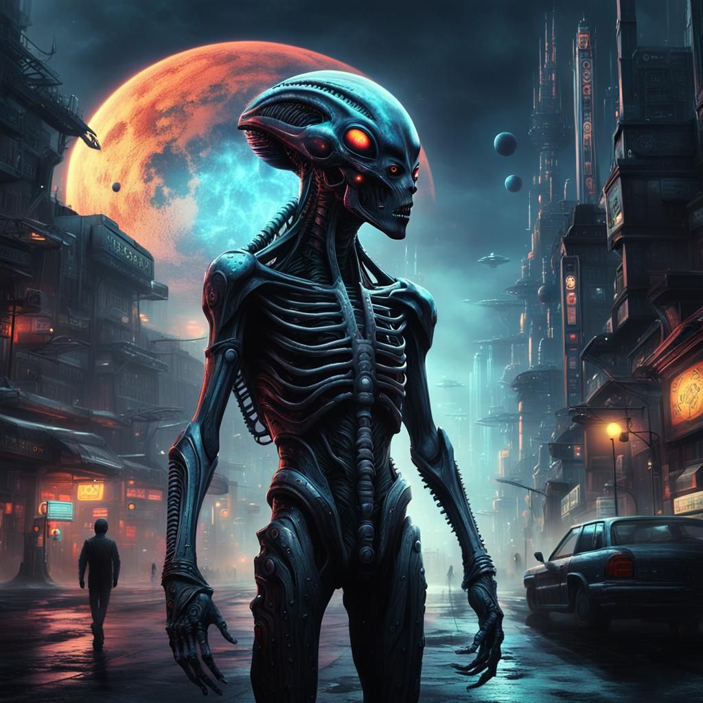 Biomechanical Alien Ruler of Gritty, Neon-Lit Cityscape