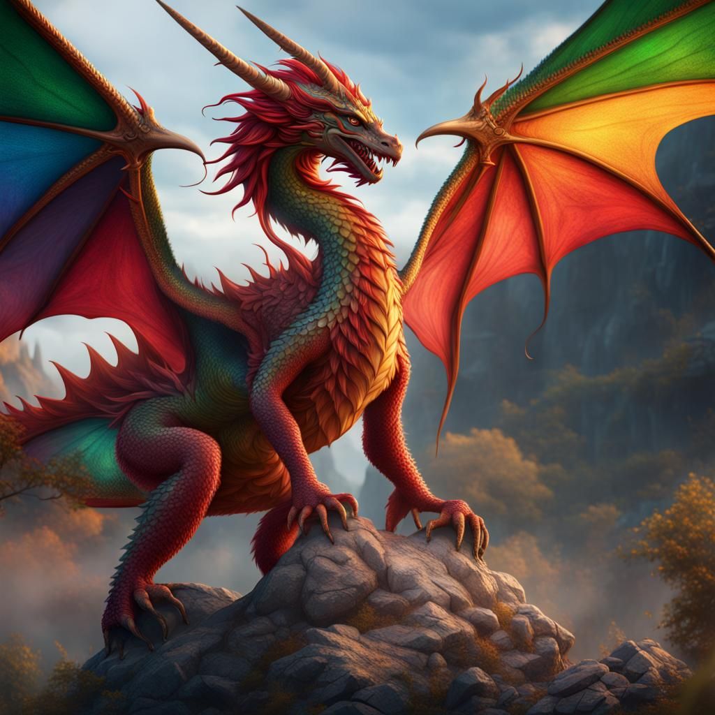 Rainbow Dragon Protects Red-Haired Woman in Fantasy Art