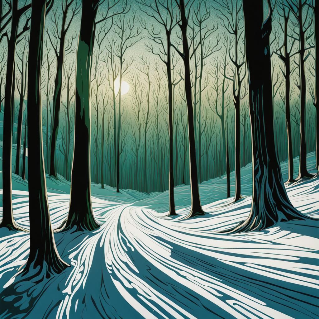 Winter Landscape: Art Nouveau Wood Block Print