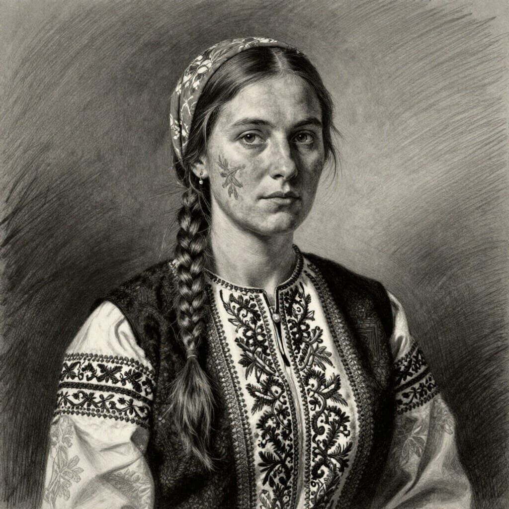Belarusian Woman in Detailed National Costume Drawing