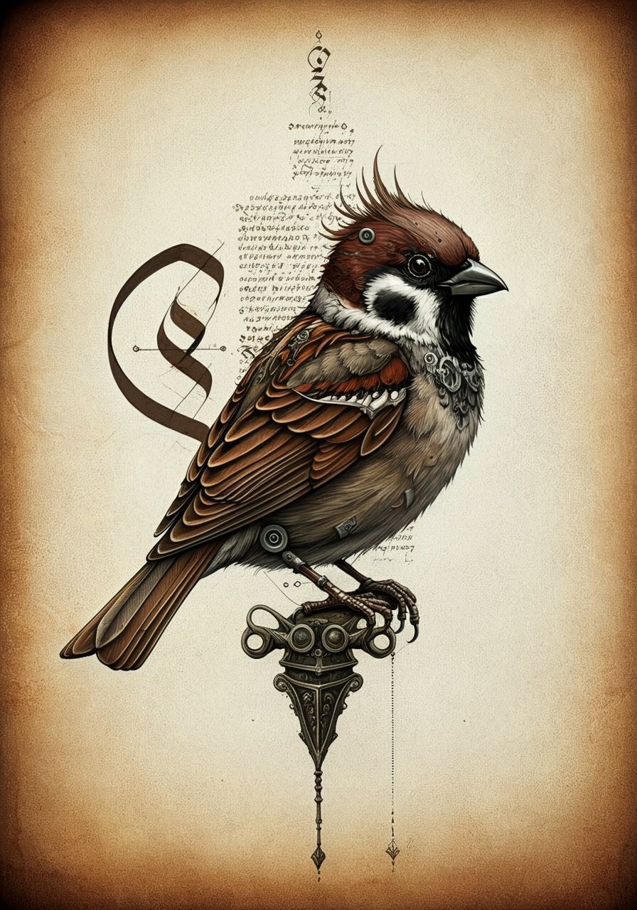 Mysterious Sparrow Blueprint: Intricate Ink Drawing
