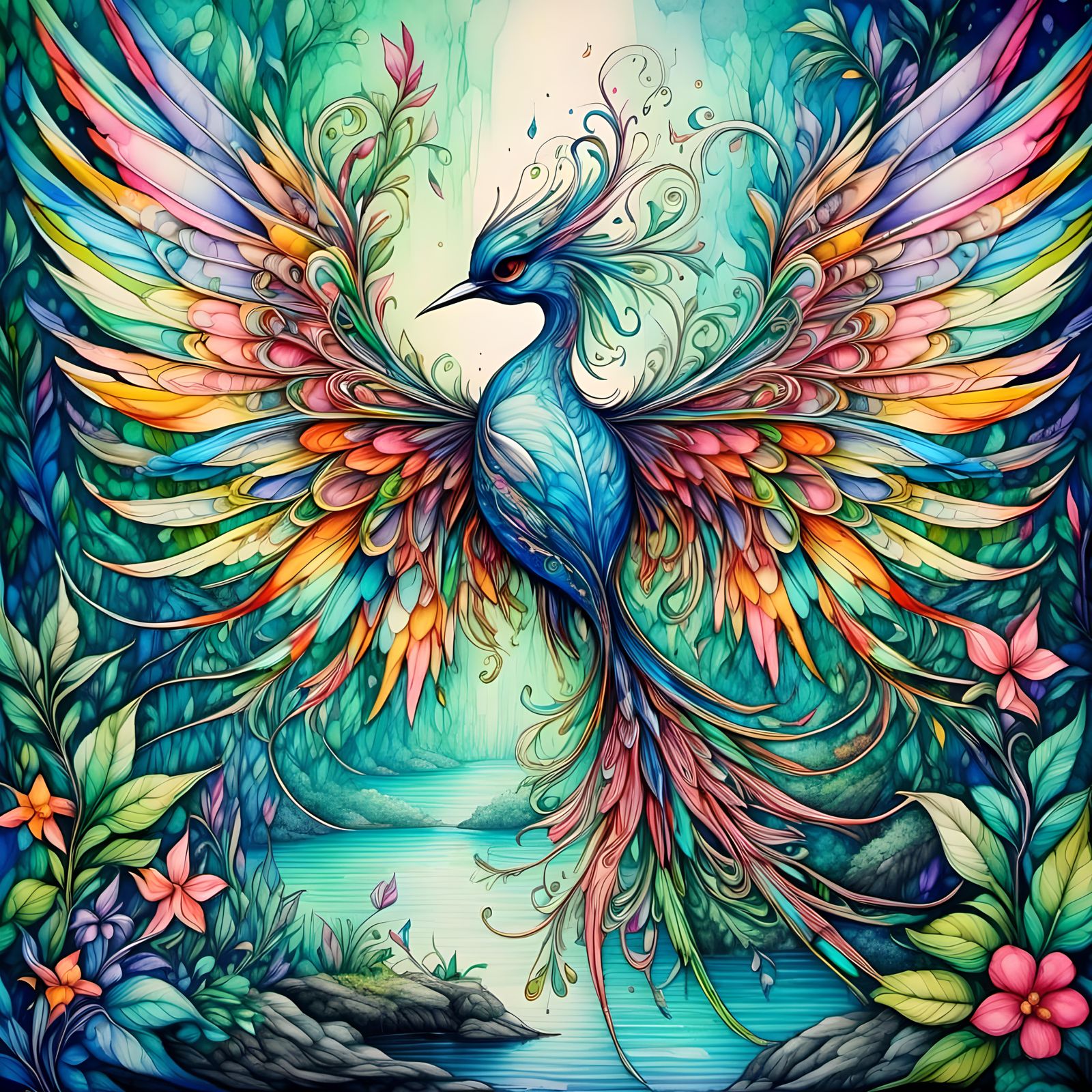 <lora:Dalle 3 lora 1:1.0> Whimsical fantasy bird, shimmering beautiful wings that glimmer in the light, flying over a ri...