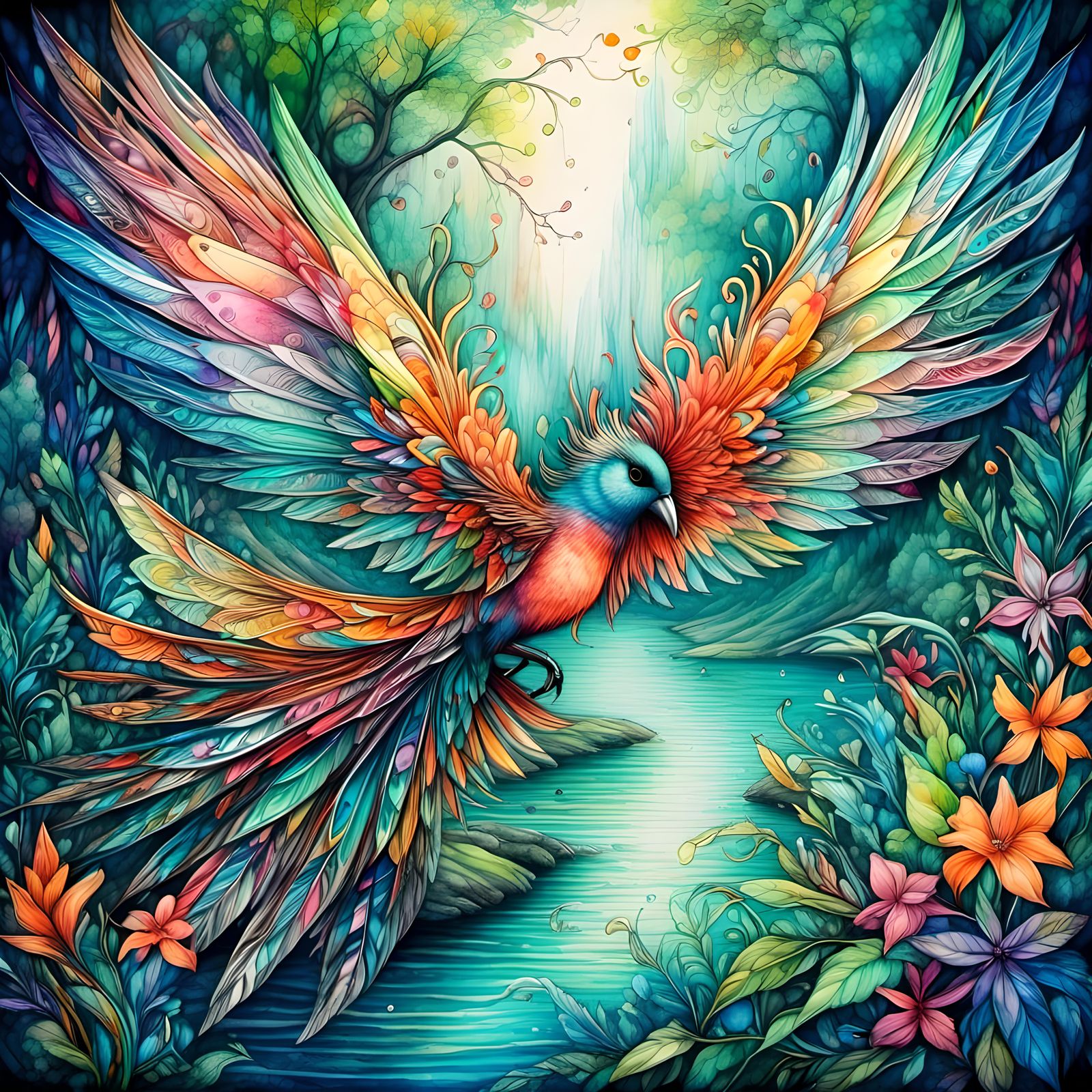 <lora:Dalle 3 lora 1:1.0> Whimsical fantasy bird, shimmering beautiful wings that glimmer in the light, flying over a ri...