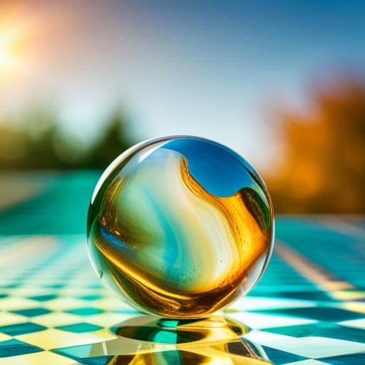 Amber Glass Marble on Checkered Table at Sunrise