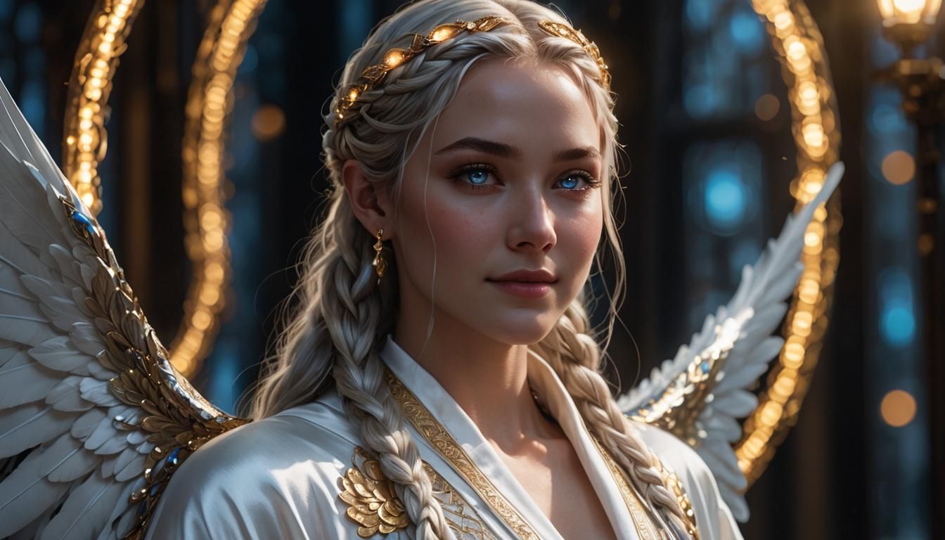 Angelic Portrait with Golden Braids and Silk Robes