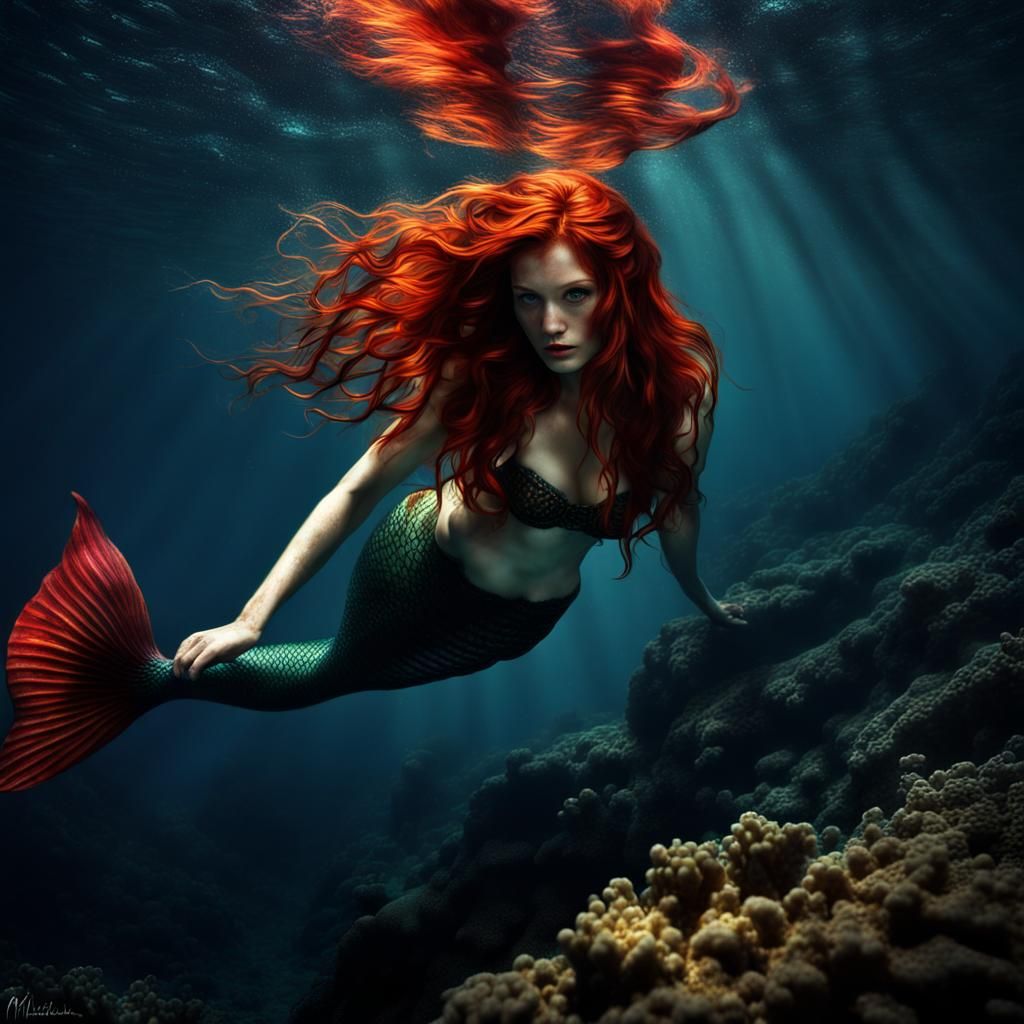 Red-Haired Mermaid Diving with Whiskey Bottle