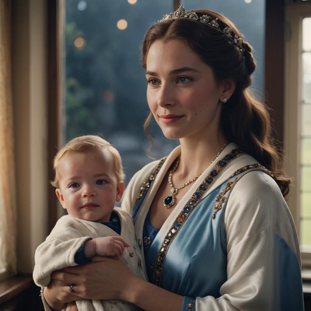 Proud Queen and Newborn Son: Cinematic Film Still