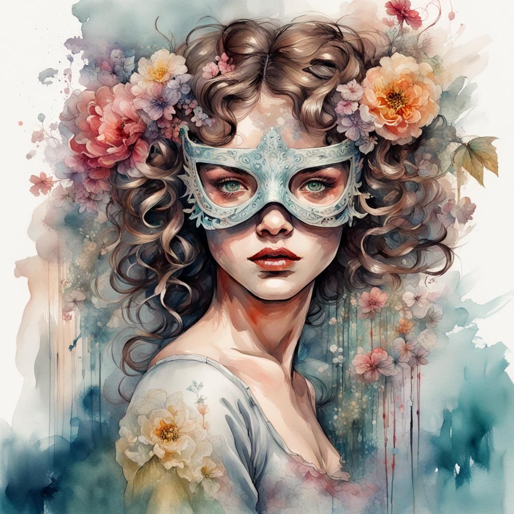 Masked Girl in Gala: Stylized Watercolor Illustration