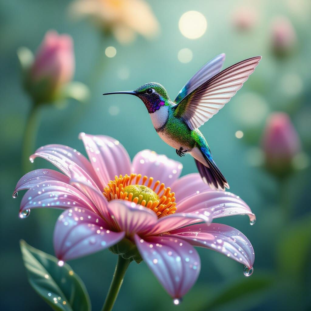 Hummingbird Made of Liquid Stained Glass Over Soda Flower