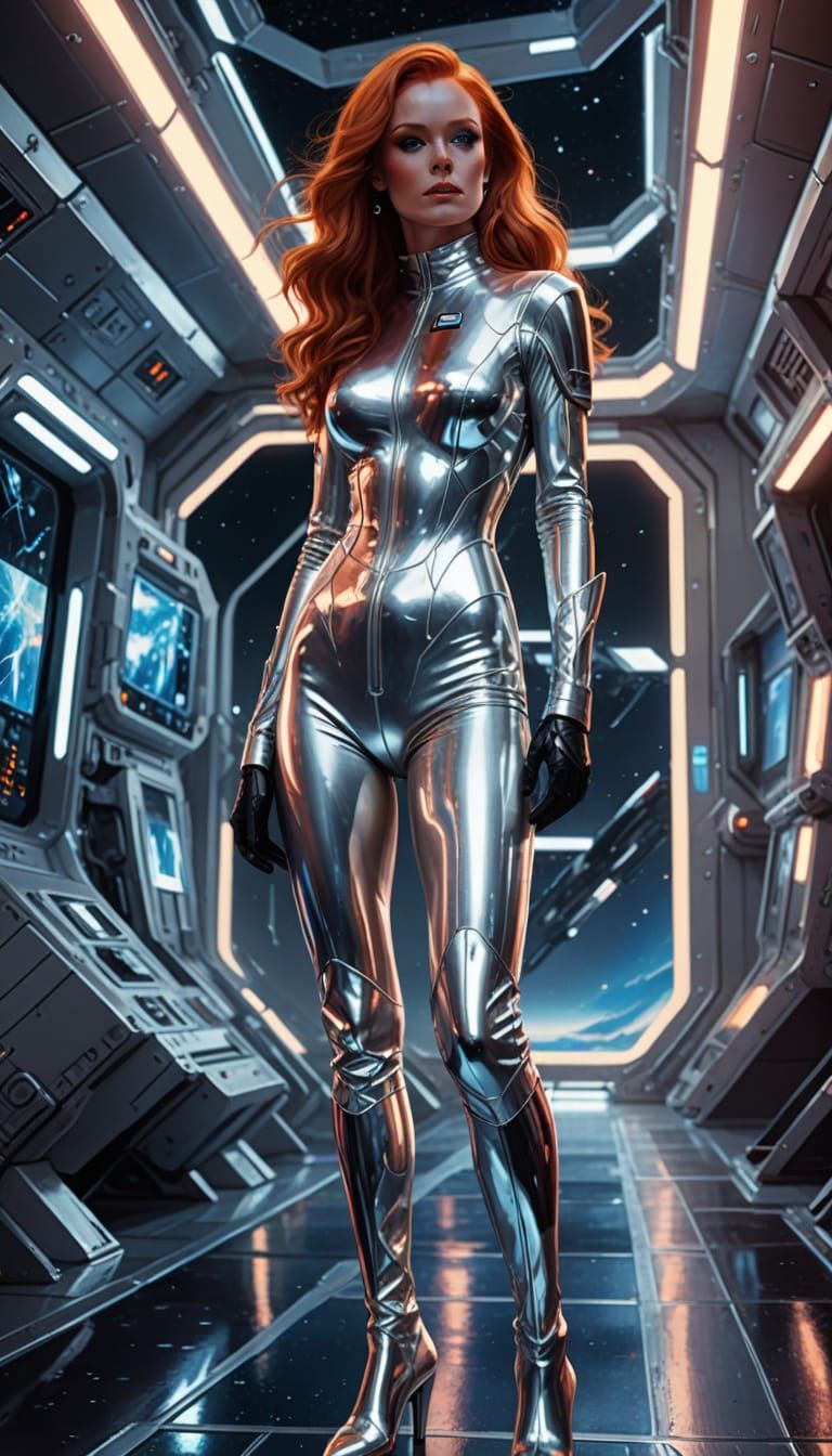 Red-Haired Woman on Futuristic Space Station