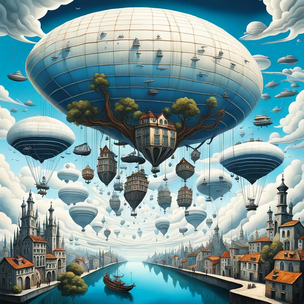 Surreal Floating Cities and Airships in Dreamlike Sky