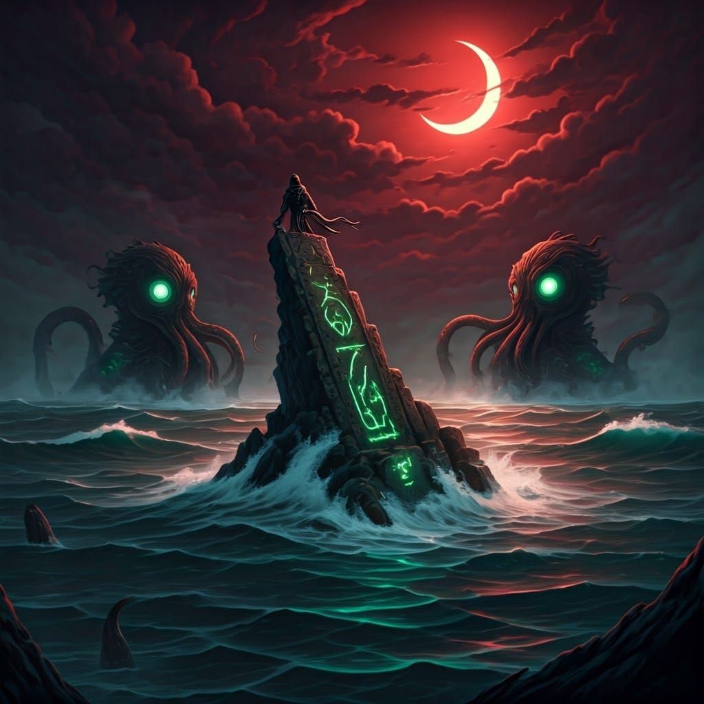 Eldritch Temple Rises from Ocean Depths Under Deep Red Moon